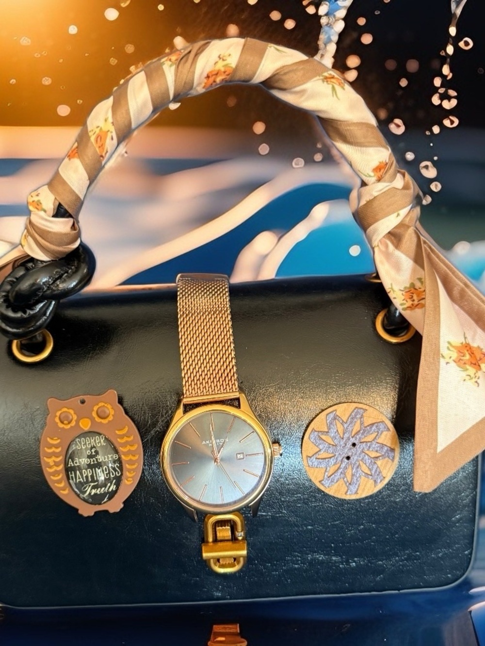 Classic Gold Mesh Strap Watch with Light Blue Dial